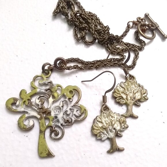 Tree of Life! Patina Painted Bronze Necklace & Earrings Set | Mossy Oak Colors - Picture 6 of 11